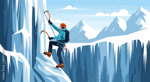 Ice climber scaling frozen waterfall with ice axes and crampons, snowy mountains background