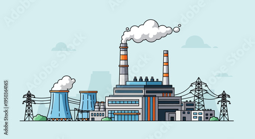 Industrial Power Plant with Cooling Towers and Smoke Stacks