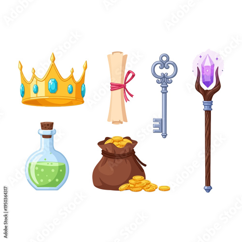 Fantasy Game Items: Crown, Potion, Scroll, Key, Magic Staff, Treasure Bag