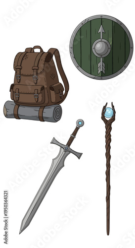 Fantasy Adventure Gear: Backpack, Sword, Shield, and Magic Staff