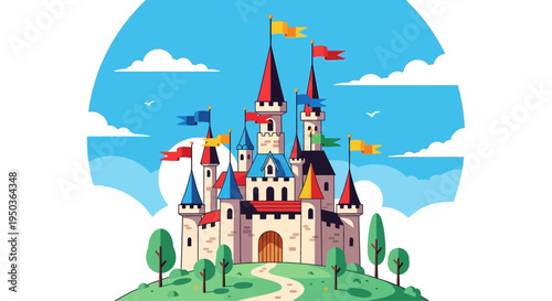 Fairytale Castle with Flags on Hilltop, Fantasy Kingdom, Children's Illustration