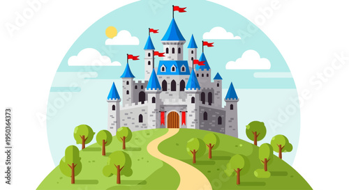Fairytale Castle on a Hill with Flags, Path, and Trees