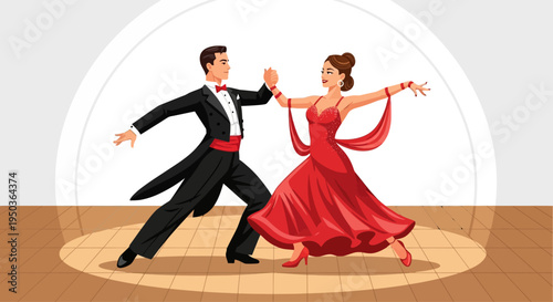 Elegant Couple Dancing Ballroom Waltz in Red Dress and Tuxedo