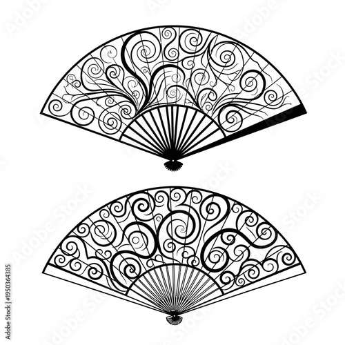 Elegant Black Ornate Folding Fans with Swirls and Scrolls