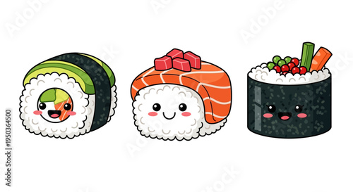 Cute Kawaii Sushi Characters: Salmon Nigiri, Avocado Roll, Maki