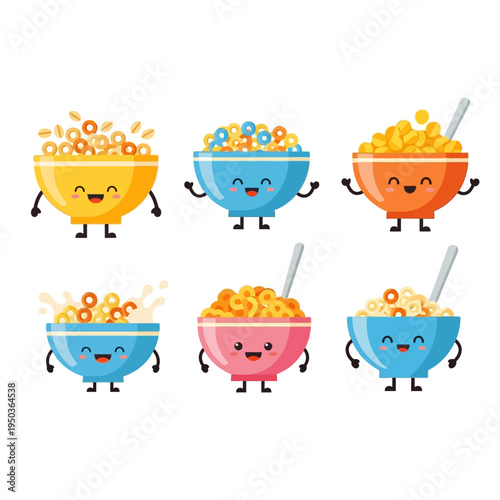 Cute Cereal Bowls Characters with Happy Faces, Breakfast Food Illustration