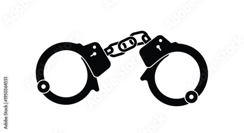 A stark black silhouette depicts a pair of closed handcuffs symbolizing restriction law enforcement and potential incarceration high quality