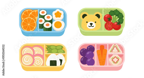 Cute Bento Boxes with Healthy Food for Kids Lunch, Sushi, Fruits, Vegetables, Bear Face