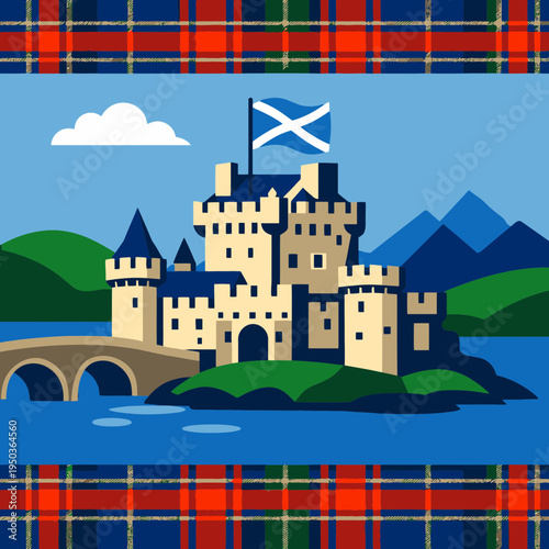 Scottish Castle Surrounded by Tartan Banner for National Celebration