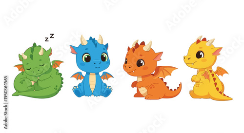 Cute Baby Dragons Group: Sleeping Green, Blue, Orange, Yellow - Fantasy Creatures
