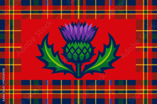 Scottish Thistle Emblem with Tartan Background in Flat Vector Style