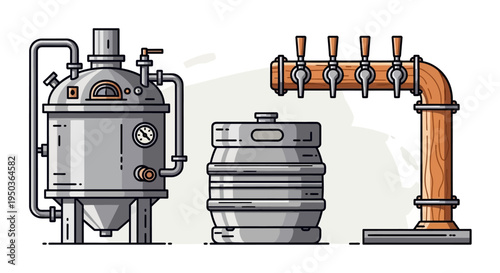 Craft Beer Brewing Equipment: Fermentation Tank, Keg, and Taps Illustration