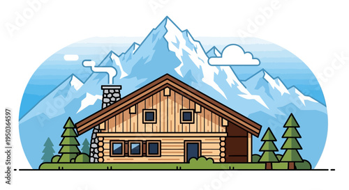 Cozy wooden cabin nestled in snowy mountains with pine trees, smoke from chimney