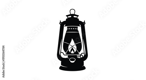 A striking black silhouette depicts a classic kerosene lantern complete with a handle and glass enclosure against a stark white background