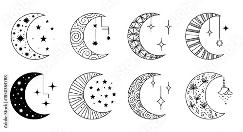 Bohemian Crescent Moon Illustrations with Stars and Ornaments