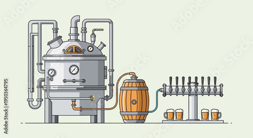 Brewery Equipment: Fermentation Tank, Wooden Barrel, and Beer Taps with Glasses