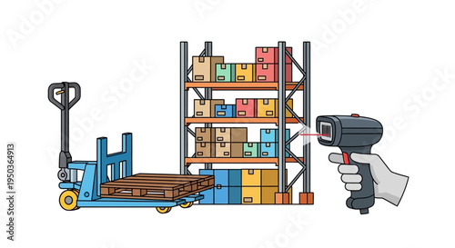 Warehouse inventory management with barcode scanner and pallet jack, logistics concept