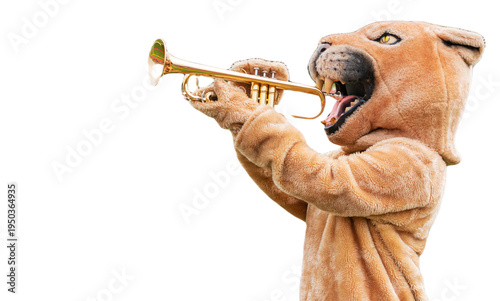 Cougar mascot playing trumpet with a transparent backgroun d
