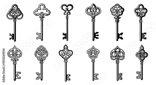 Vintage Skeleton Keys Collection: Ornate Antique Brass Keys on White Background