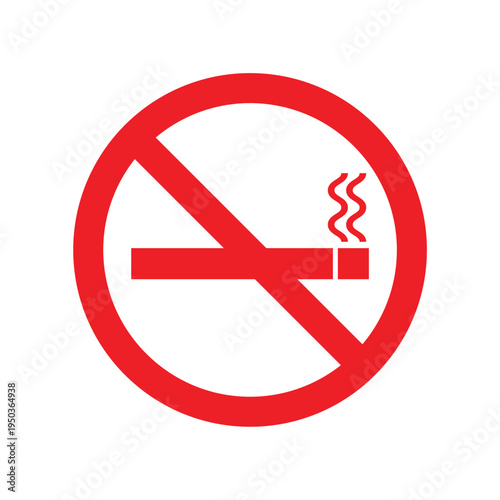 No smoking prohibition sign with cigarette icon crossed by red circle symbol isolated on white background.