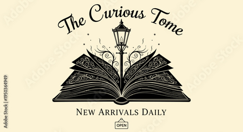 Vintage Open Book with Lamp and Stars, "The Curious Tome" Logo