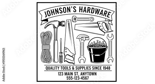 Vintage Johnson's Hardware Store Logo with Tools and Supplies Since 1948
