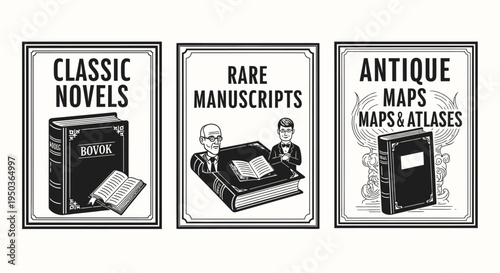 Vintage Book Shop Signs: Classic Novels, Rare Manuscripts, Antique Maps & Atlases