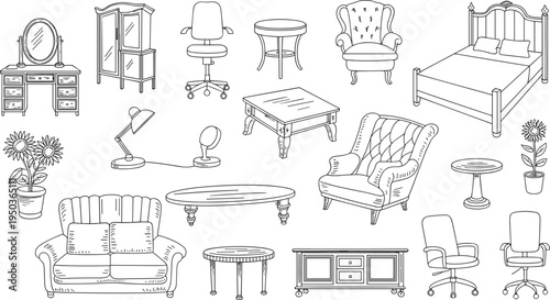 Furniture line art set with sofa, chair, table, bed, cabinet, lamp, interior decor outline vector illustration collection