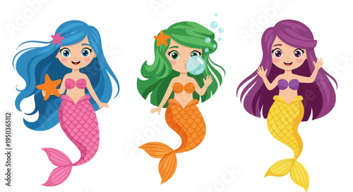 Three Cute Cartoon Mermaids with Colorful Tails and Hair, Underwater Fantasy Characters