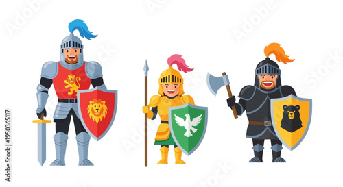 Three Knights in Armor with Shields and Weapons, Medieval Warriors