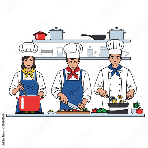 Three Chefs in Uniform Cooking Together in a Professional Kitchen