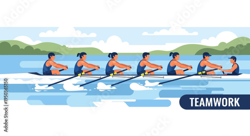 Teamwork in rowing: Seven athletes in a boat rowing together in unison on a lake.