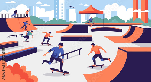 Skatepark Scene with Diverse Skaters Performing Tricks on Ramps and Rails