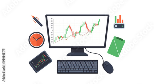 Stock Market Trading Desktop Setup with Financial Chart on Computer Screen