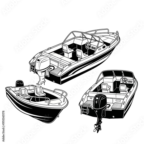 Set of Three Outboard Motor Boats, Vector Illustration