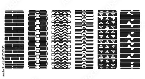 Set of Tire Treads Patterns: Brick, Track, Zigzag, Chevron, Triangle, and Groove Designs