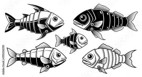 Set of stylized fish illustrations, black and white, graphic style, isolated on white background