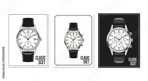 Set of Three Classic Wristwatch Illustrations on White and Black Backgrounds