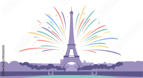 Vibrant fireworks illuminate the iconic Eiffel Tower in Paris, France, celebrating a festive occasion with a colorful, modern illustration.