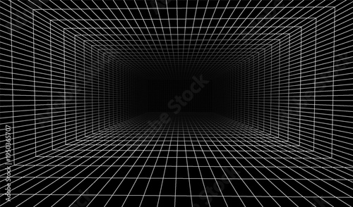 3d grid line background digital design for games and abstract technology perspective backdrop. Futuristic geometric cyber floor and graphic space virtual reality.
