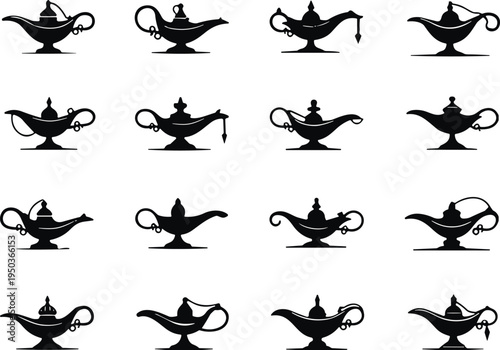 Collection of vintage magic lamp silhouettes inspired by Aladdin genie lamp, isolated black vector icons set, Arabian fairy tale symbol, decorative oil lamp shapes