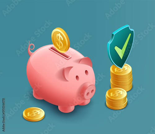 Isometric piggy bank with dollar coins. Financial money savings. Vector illustration.