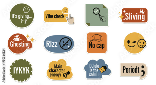 A collection of modern slang word stickers and internet memes, perfect for social media, digital communication, and contemporary graphic design projects.
