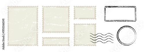 Vintage vector set of postage stamps and labels in grunge style with scratched marks, ideal for graphic design projects and creative layouts offering a versatile collection.