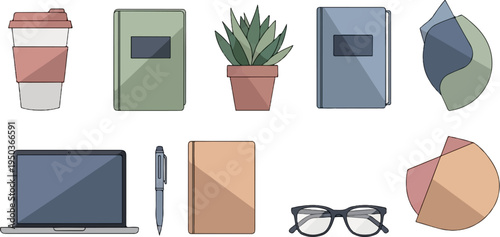 A collection of office and study items including a laptop, books, a plant, and glasses
