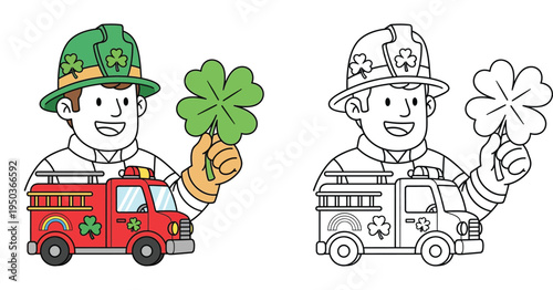 Lucky Firefighter with Four-Leaf Clover and Shamrock-Themed Fire Truck - St. Patrick's Day