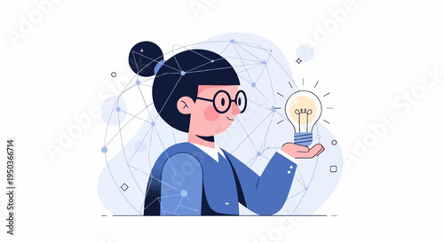 Person holding a glowing light bulb representing a new idea with abstract network background