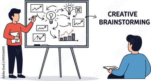 Two individuals engaged in a collaborative brainstorming session on a whiteboard