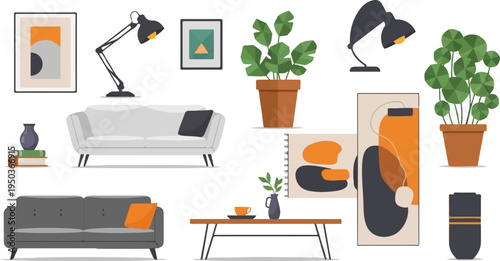 Stylish living room decor with modern furniture, potted plants, and abstract art