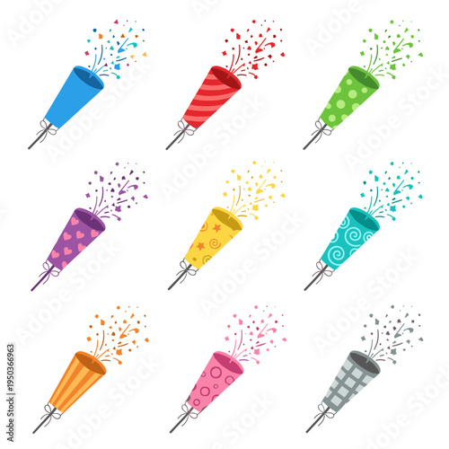 Set of colorful party popper icons with falling confetti isolated on white background for birthday celebration and festive event decoration elements